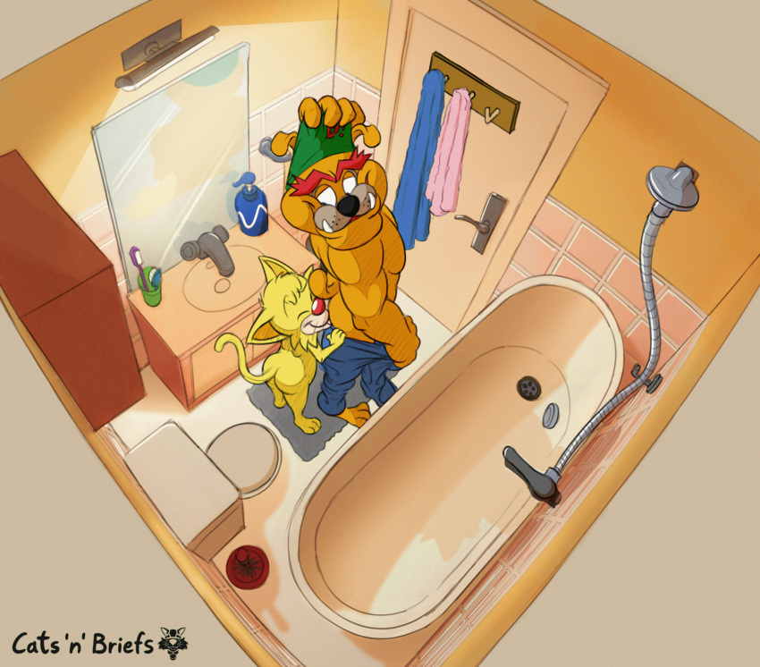 animated anthro bathing bathroom bathtub brown_body brown_fur canid canine canis cedamuc1 clothing couple_(disambiguation) detailed_background domestic_cat domestic_dog dribble_(warioware) duo felid feline felis fur gay hi_res male male/male male_only mammal mario_(series) nude oiruse red_nose romantic romantic_couple shower spitz_(warioware) undressing warioware water wholesome yaoi yellow_body yellow_fur