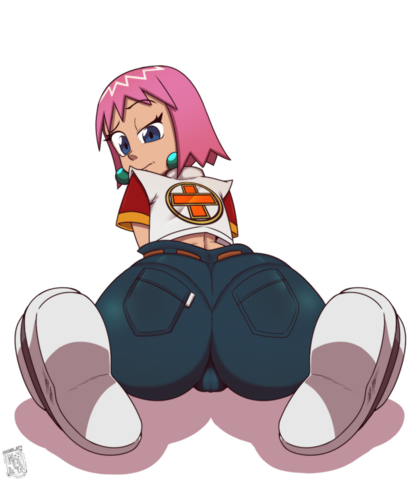 ass beauty_(bobobo) big_butt blue_eyes bobobo-bo_bo-bobo earrings female jacket jeans kenbr_arts one_eye_half-closed pink_hair shoes short_hair visible_pussy