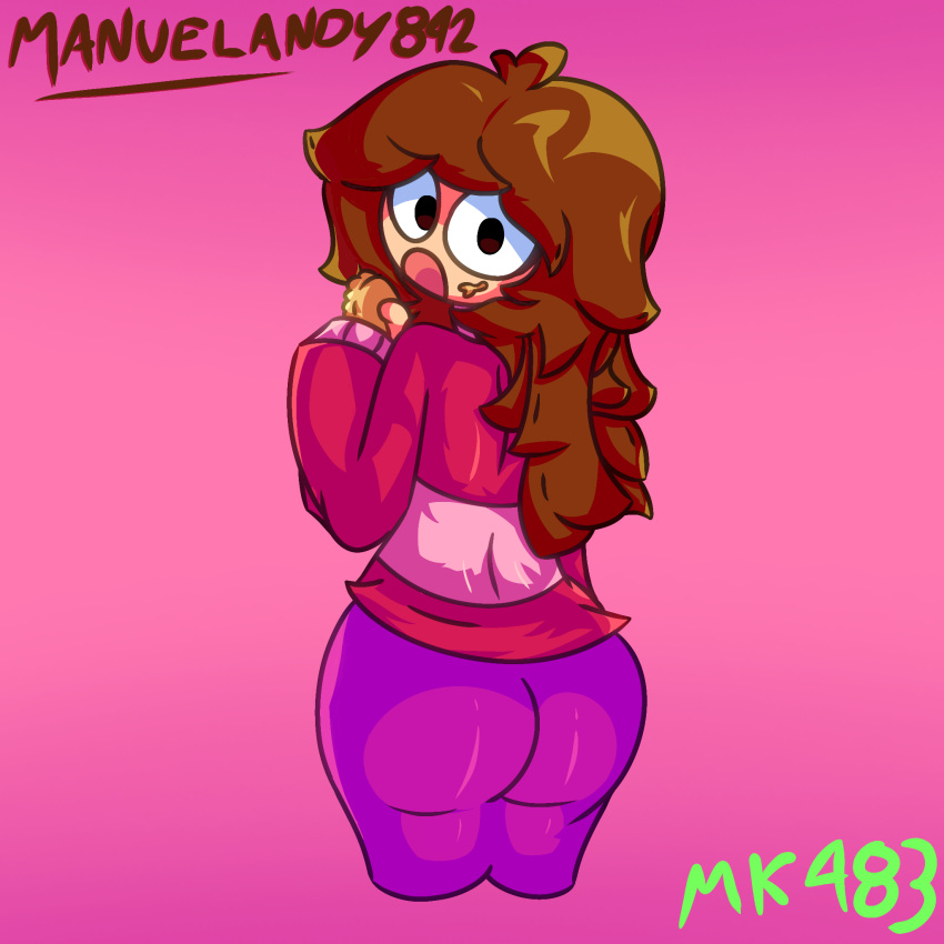 artist_signature ass big_ass brown_hair empanada large_hair looking_at_viewer looking_back manuelapandy842 manuelcrack483 open_mouth pink_background purple_pants red_shirt simple_background