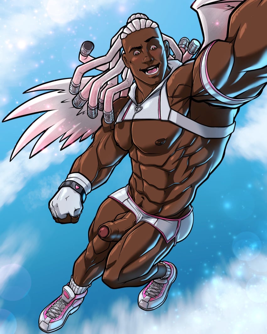 african african_male blitzturner cupid_(blitzturner) dark-skinned_male dark_skin dreadlocks flying half-erect male male_only melanin muscles muscular muscular_male mythos twitter_user_oc uncut white_hair wings