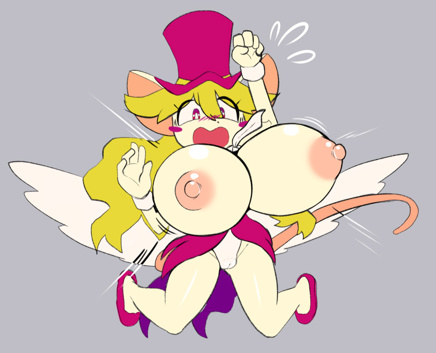 anthro breast_expansion breasts breasts breasts breasts_out breasts_outside digital_drawing_(artwork) dizzytizzy mad_rat_dead magenta_eyes mouse mouse_ears mouse_girl mouse_tail murid nipples panties pink_nipples pussy rat_god_(mad_rat_dead) rodent simple_background tail top_hat waifu2x white_wings wings