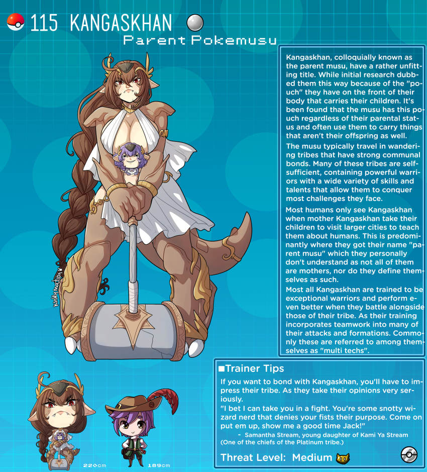 ambiguous_gender braided_hair brown_hair character_profile cleavage creature_index english_text female_focus frown hammer hi_res huge_breasts kangaskhan kinkymation long_brown_hair monster_girl nintendo page_115 page_number parent parent_and_child pokémon_(species) pokedex pokemon pokemon-girl_encyclopedia pokemorph pokemusu profile purple_hair smile smirk strong tagme tail text_box thick_tail very_long_hair