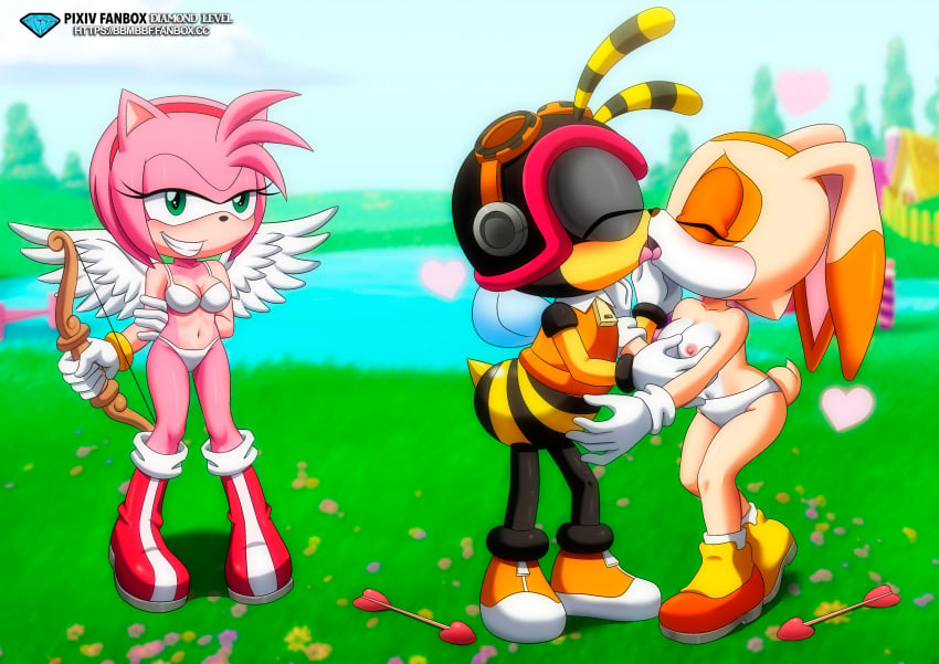 amy_rose bbmbbf blush breasts charmy_bee closed_eyes cream_the_rabbit diamond_level female kissing male male/female mobius_unleashed open_mouth palcomix pietros_secret_club sega sonic_(series) sonic_the_hedgehog_(series) tongue