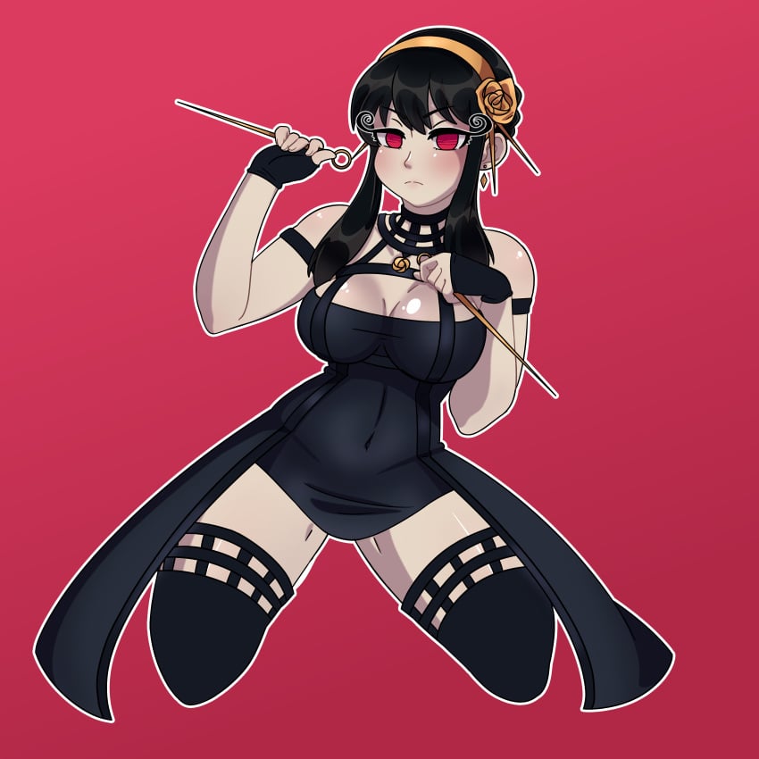 1girls angry_face assassin assesina black_dress black_hair breasts diadem fringe milf open_legs pale-skinned_female patreon patreon_reward red_eyes spy_x_family stiletto_(weapon) sucremay thick_thighs thorn_princess yor_briar