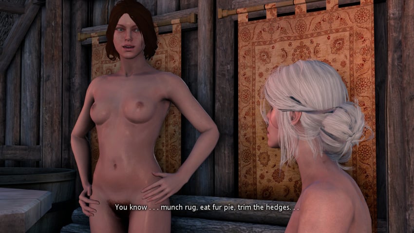 2girls 3d astrid_(the_witcher) casual cd_projekt_red ciri dialogue female female_only human nipples nude nude_female pale_skin pubic_hair shittyhorsey the_witcher_(series) the_witcher_3:_wild_hunt threesome yuri