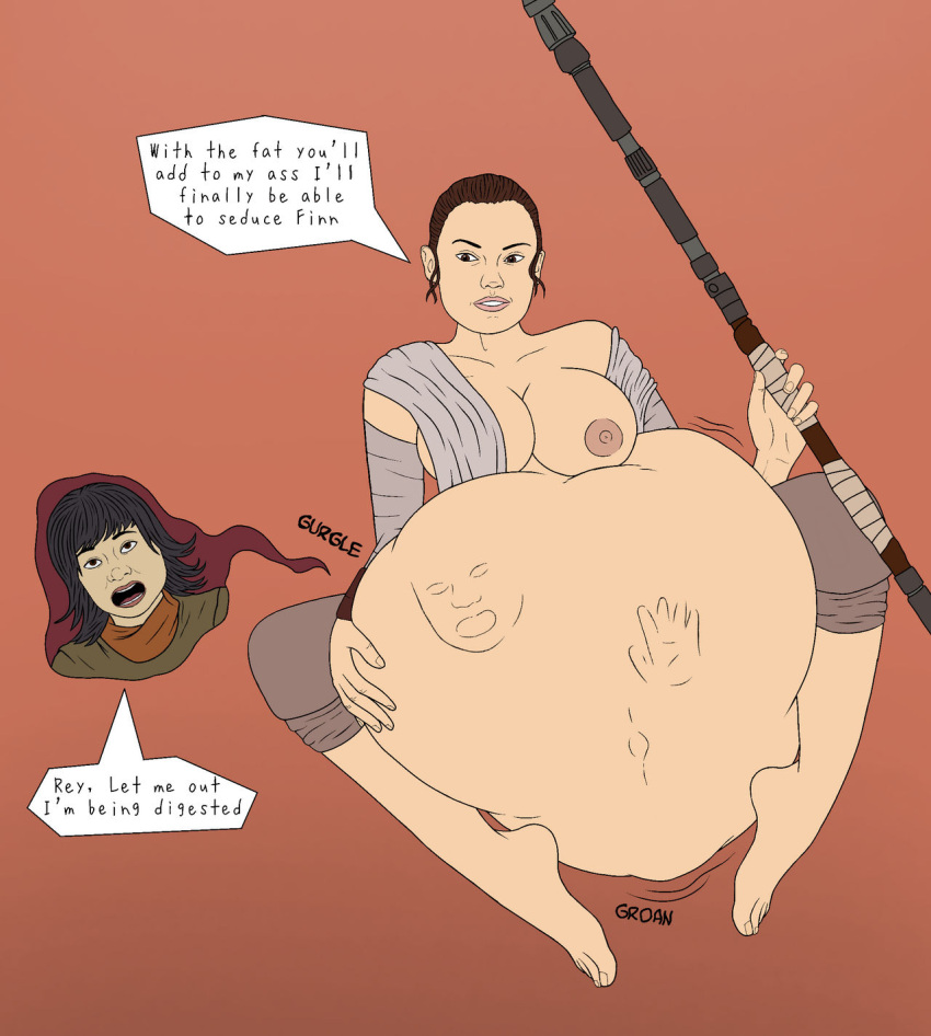 2girls belly_bulge big_breasts breasts brown_hair clothing female large_breasts multiple_girls nipples oral_vore rey rose_tico same_size_vore star_wars stuffedbellygirl93 vore