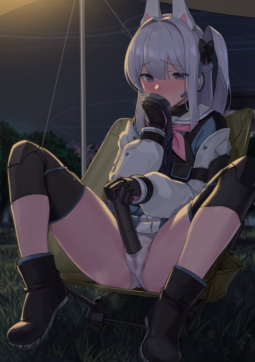 absurdres animal_ear_headphones blue_archive blush boots commentary_request female female_masturbation fingerless_gloves gloves grey_hair halo highres knee_pads kuro_(zhurunbo1997) long_hair masturbation miyako_(blue_archive) night panties purple_eyes rabbit_squad_(blue_archive) school_uniform sitting smelling solo spread_legs srt_special_academy_student tactical_clothes underwear wet wet_clothes wet_panties