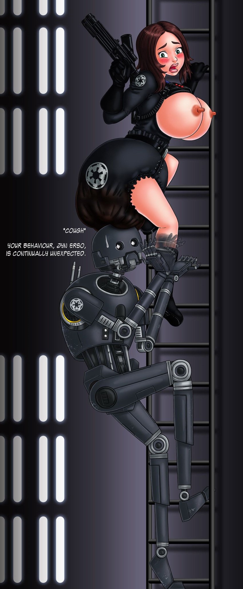 abdl adapted_costume alternate_costume big_breasts blush breastless_clothes breasts breasts_out diaper erect_nipples female female_focus jyn_erso k-2so large_breasts messy_diaper nipples scat soiling star_wars wishberri