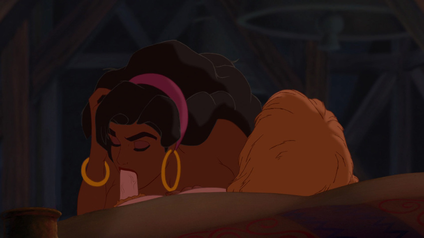 black_hair blonde_hair blowjob closed_eyes dark-skinned_female disney ear_ring esmeralda fellatio hair_ribbon light-skinned_male oral penis phoebus tagme the_hunchback_of_notre_dame wristband