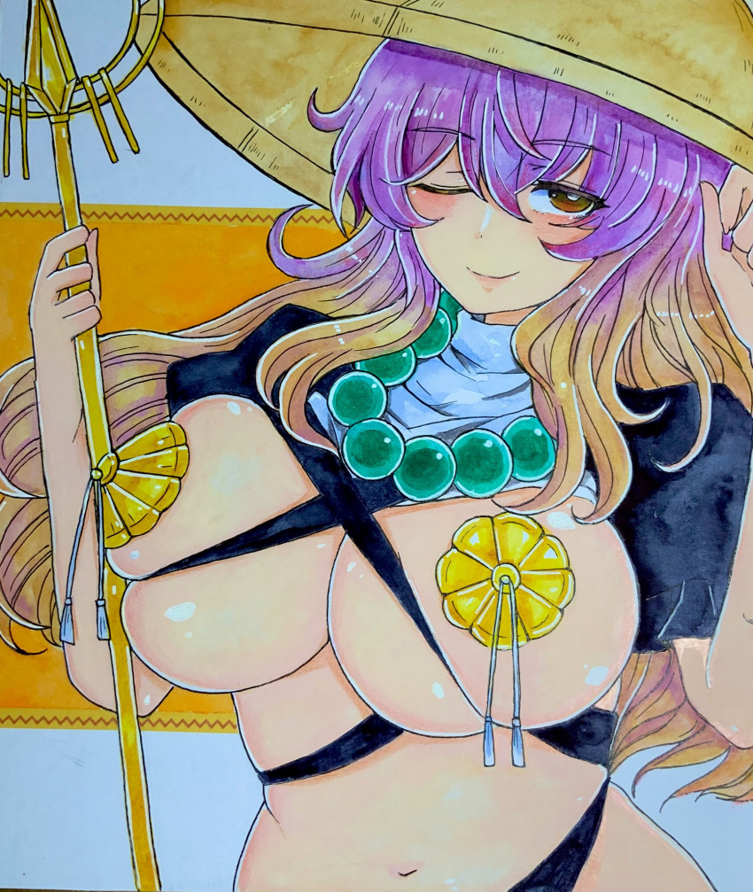 ;) ajirogasa beads breasts brown_eyes closed_mouth commentary_request eyebrows_visible_through_hair female female gradient_hair hair_between_eyes hands_up hat highres hijiri_byakuren holding holding_staff jewelry large_breasts long_hair looking_at_viewer multicolored_hair navel necklace one_eye_closed pasties pearl_necklace purple_hair simple_background skindentation smile solo staff tassel touhou upper_body very_long_hair washiwa