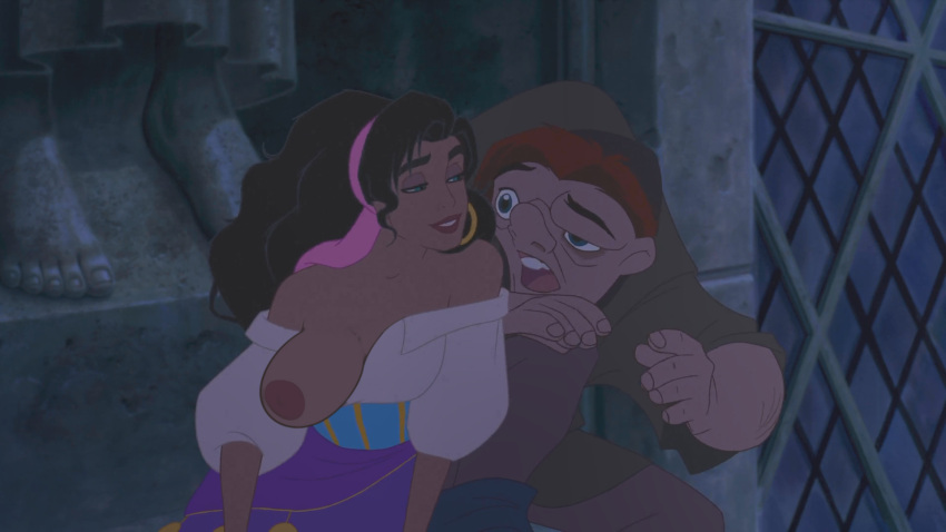 big_breasts breasts breasts_out clothed disney edit esmeralda female male nipples quasimodo screenshot_edit tagme the_hunchback_of_notre_dame