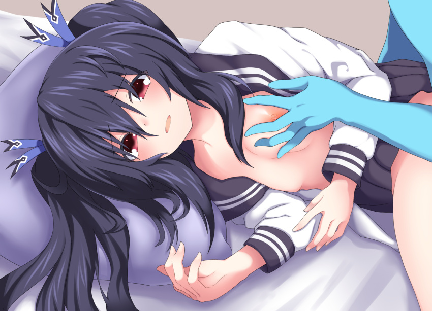 bare_shoulders black_hair blue_skin blush breasts eyebrows_visible_through_hair female hair_between_eyes hair_ornament hair_ribbon highres katade long_hair medium_breasts naked_shirt neptunia_(series) nipples noire paid_reward_available red_eyes ribbon shirt solo_focus twintails very_long_hair