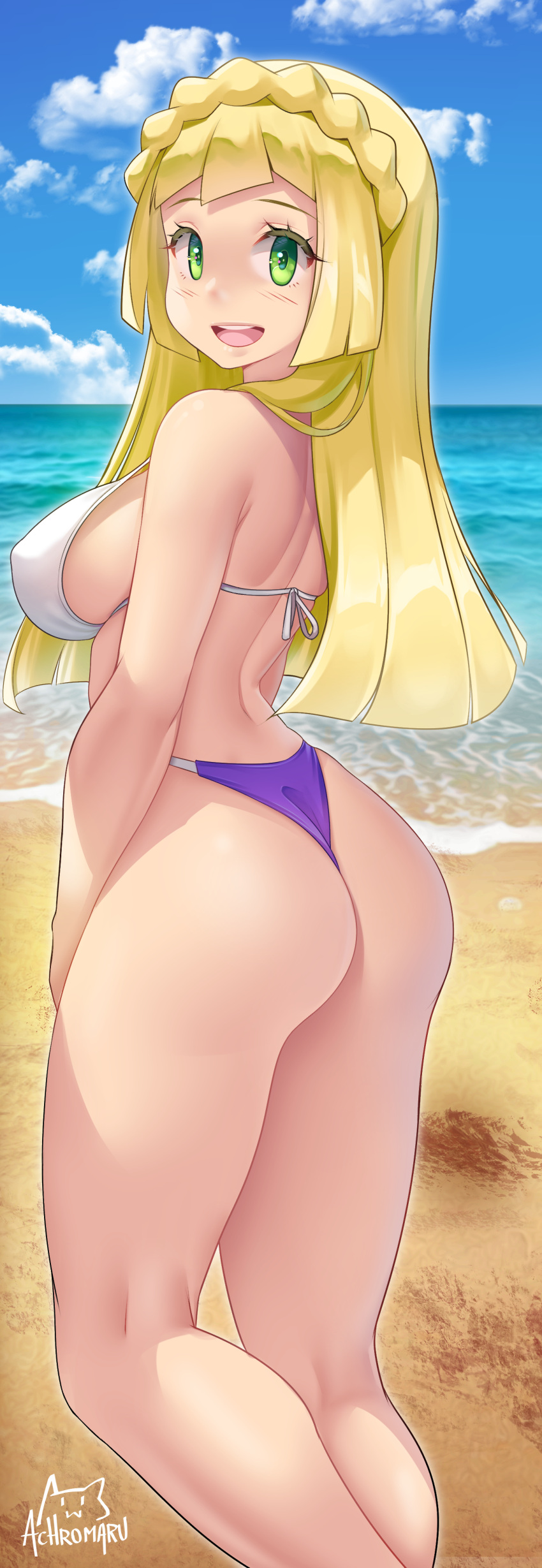 1girls achromaru ass beach big_ass big_breasts big_butt bikini blonde_hair breasts female female_focus female_only game_freak green_eyes happy high_resolution lillie_(pokemon) long_hair nintendo pokemon pokemon_sm sideboob solo standing thick_thighs thighs