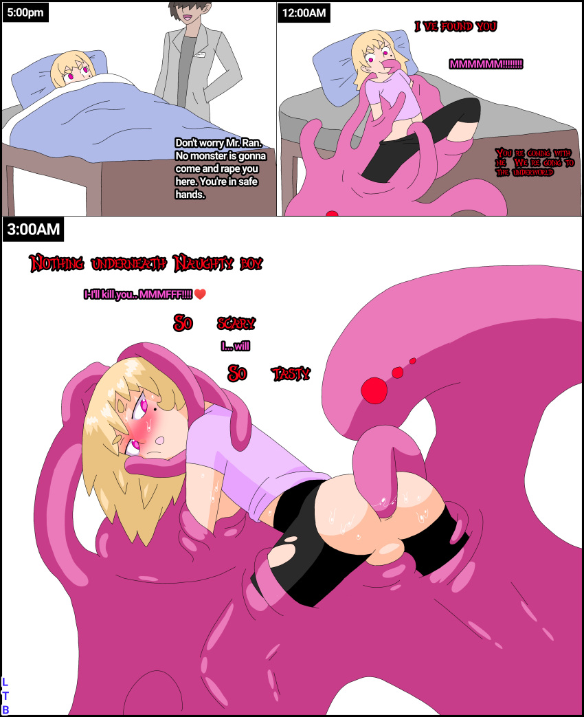 1boy absorption anal ass comic demon dragged enjoying femboy gay hospital interspecies leggings lewderthanblue monster no_panties oc original ran(ltb) raped ripped_pants slime sweat tentacle