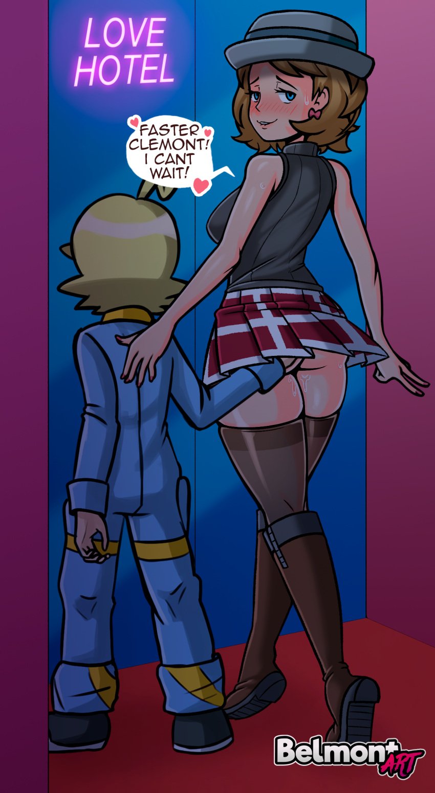 1boy 1girls absurd_res ass ass_grab belmont blue_eyes blush boots brown_hair citron_(pokemon) clemont english_text female hi_res human_only larger_female looking_back male pokemon pokemon_journeys pokemon_xy pussy_juice serena_(pokemon) skirt text thigh_boots thighhighs thighs