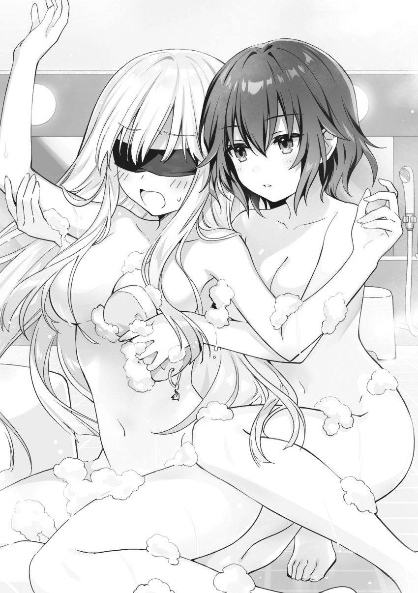 2girls bath blindfold blush breasts convenient_censoring female highres karasama_kuroe kuozaki_saika long_hair medium_breasts multiple_girls non-web_source novel_illustration nude official_art ou-sama_no_propose shared_bathing short_hair shower_head sitting soap_bubbles soap_censor sponge squatting tsunako yokozuwari yuri