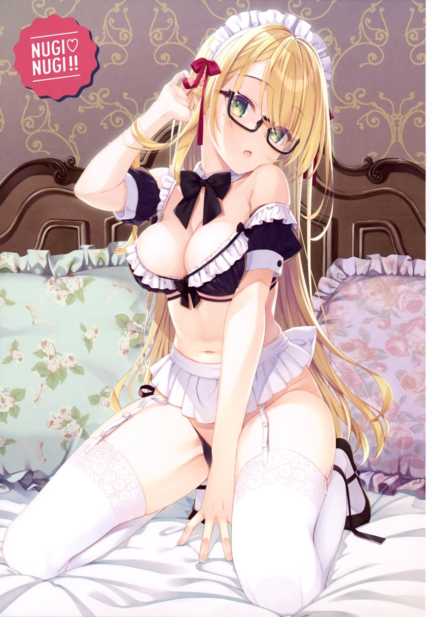 absurdres bed black_bow black_panties blonde_hair bow bra breasts cleavage detached_collar female female full_body garter_straps glasses green_eyes headboard highres indoors kneeling long_hair looking_at_viewer maid maid_headdress medium_breasts miniskirt muririn off_shoulder open_mouth original panties puffy_short_sleeves puffy_sleeves red_ribbon ribbon short_sleeves side-tie_panties skirt solo thighhighs underwear white_legwear white_skirt