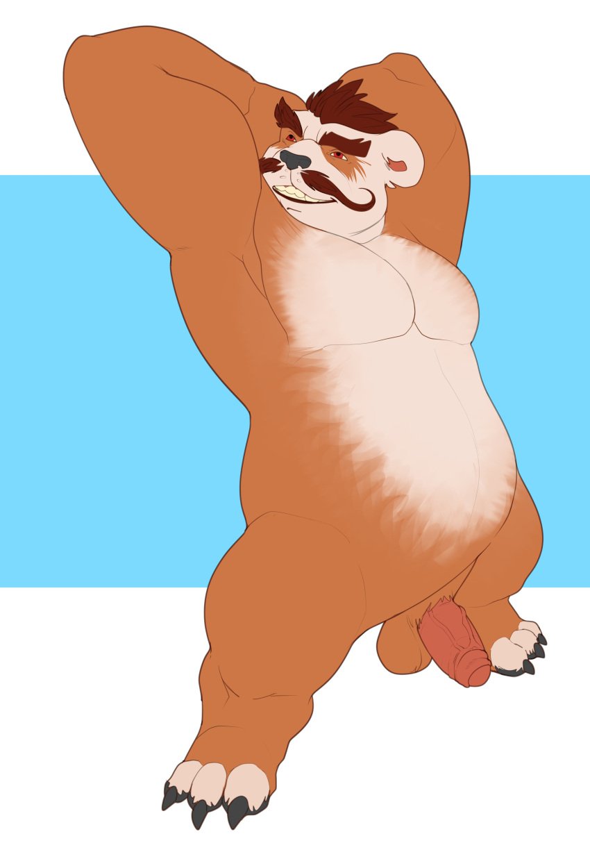 1boy 2022 absurd_res alternate_version_at_source anthro balls belly biceps big_biceps big_muscles big_pecs big_quads black_claws black_nose black_pawpads blue_background bristol brown_balls brown_body brown_eyebrows brown_face brown_feet brown_fur brown_hair brown_legs brown_markings brown_mustache brown_spots claws color colored dark_claws dark_nose dark_pawpads digital_drawing_(artwork) digital_media_(artwork) ear_tuft eyebrows flat_colors full-length_portrait fur genitals giant_panda gums hair hands_behind_head happy hi_res huge_biceps huge_muscles huge_pecs humanoid_genitalia humanoid_penis light_belly light_chest light_ears light_face light_neck light_toes looking_away looking_up male male_only mammal markings mature_anthro mature_male multicolored_body muscular muscular_anthro muscular_male nude nude_anthro nude_male open_mouth open_smile overweight overweight_anthro overweight_male pawpads pecs penis pink_gums pink_inner_ear pink_penis portrait pose quads realistic_penis_size red_eyes short_legs simple_background smile solo solo_male spots spotted_face standing tan_belly tan_body tan_chest tan_ears tan_face tan_fur tan_neck tan_toes thick_penis three-quarter_view tuft two_tone_body two_tone_face ursid vein veiny_penis white_background