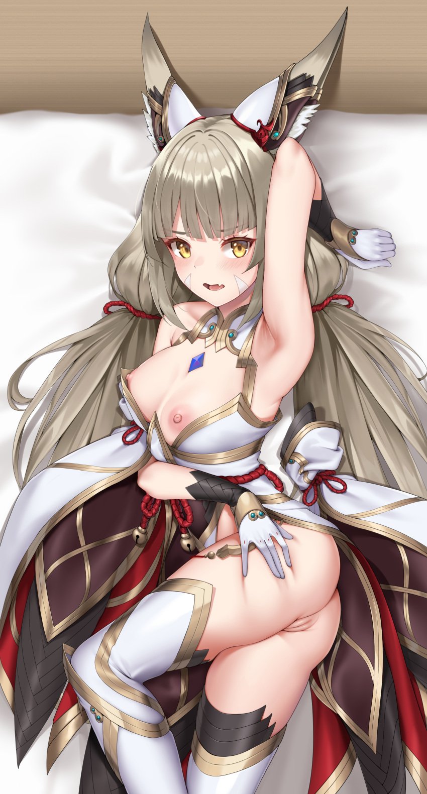 armpits breasts cat_ears core_crystal humanoid long_hair matrix16 nia nia_(blade) nia_(xenoblade) nipples pale_skin partially_clothed pussy thighhighs xenoblade_(series) xenoblade_chronicles_2 yellow_eyes