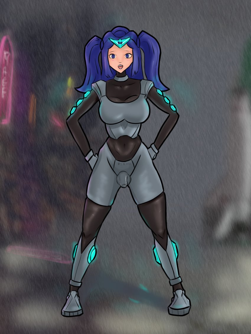 1futa armor balls belly_button big_breasts blue_hair blue_lipstick boots breasts choker clothed clothing flaccid flaccid_penis fully_clothed futa_only futanari gloves hips leggings light-skinned_futanari light_skin looking_at_viewer mageofurge open_mouth original original_artwork original_character penis purple_eyes self_upload simple_background soldier solo solo_futa spacesuit spread_legs squished_breasts standing tongue warrior wide_hips