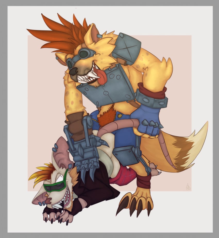 2boys anthro archiblender fingerless_gloves furry gay goggles hyena hyena_warwick league_of_legends male male/male male_only open_mouth prosthetic_arm sharp_teeth straight_hair sunglasses twitch_(lol) vandal_series vandal_twitch warwick yaoi