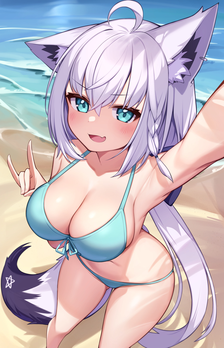 1girls ahoge animal_ear_fluff animal_ears aqua_eyes armpits arms_up bangs beach bikini blush breasts cleavage collarbone deaver fox_ears fox_girl fox_tail front-tie_bikini front-tie_top highres hololive hololive_gamers hololive_gen_1 hololive_japan huge_breasts large_breasts lavender_hair long_hair looking_at_viewer navel shirakami_fubuki smile solo standing star_(symbol) swimsuit tail thighs virtual_youtuber white_hair