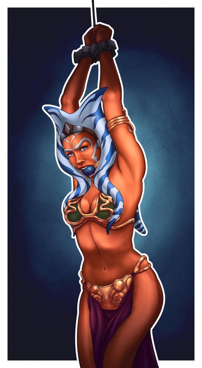 1girls ahsoka_tano alien alien_girl angry armpits arms_above_head arms_up athletic ball_gag belly_dancer belly_dancer_outfit big_breasts blue_eyes bondage captured cosplay disney_xd drool_string drooling facing_viewer female female_only female_protagonist fit_female front_view gag gagged harem_girl harem_outfit helpless jedi large_breasts lucasfilm metal_bikini orange_skin perilchaser simple_background slave slave_ahsoka slave_bikini slave_leia_(cosplay) slave_outfit slavegirl solo star_wars star_wars_rebels togruta tribal_markings unhappy_female vulnerable