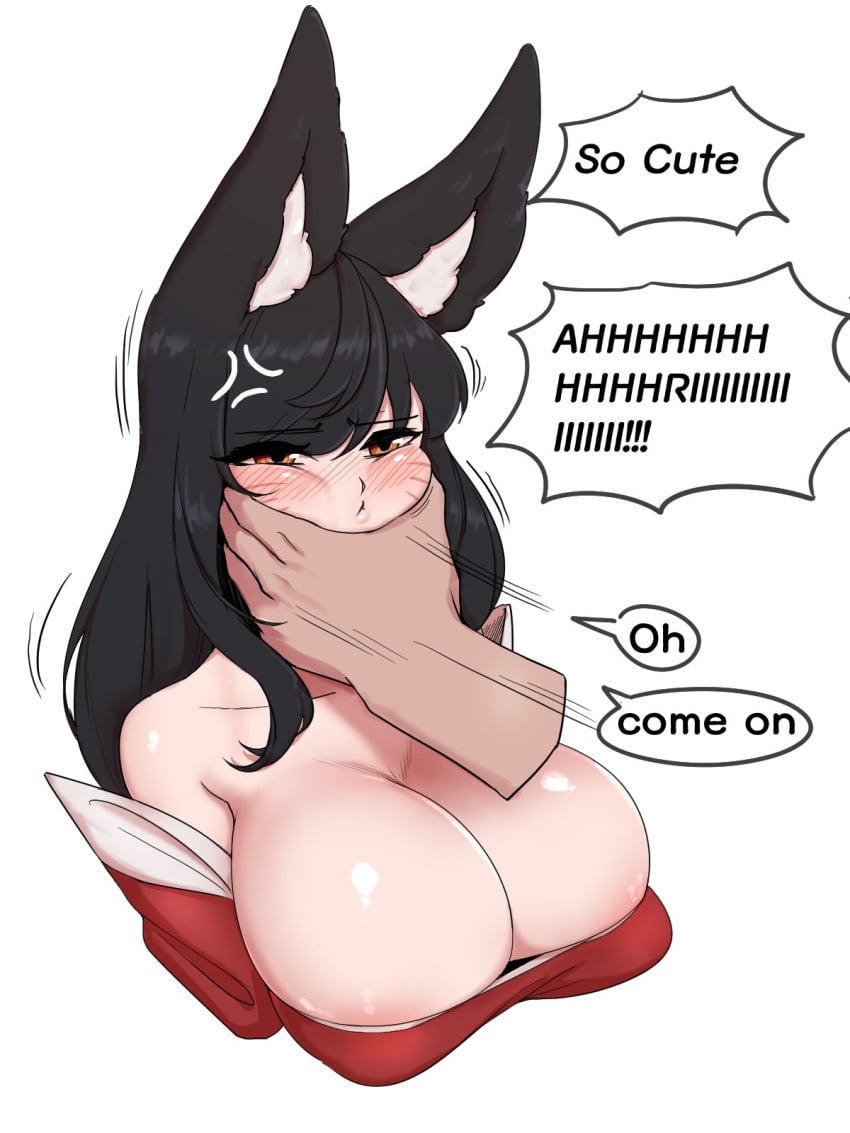 9_tails ahri animal_ear_fluff animal_ears animal_girl big_breasts black_hair breasts busty cleavage clothing color dialogue english_text eyelashes eyeliner eyeshadow facial_markings female fluffy fluffy_ears fluffy_tail fluffy_tails fox fox_ears fox_girl fox_tail furry_tail huge_breasts humanoid inner_ear_fluff kemonomimi kitsune large_breasts league_of_legends light-skinned_female light_skin long_hair massive_breasts multiple_tails nine_tailed_fox pale-skinned_female pale_skin riot_games straight straight tail text variant vastaya video_games yabby yellow_eyes