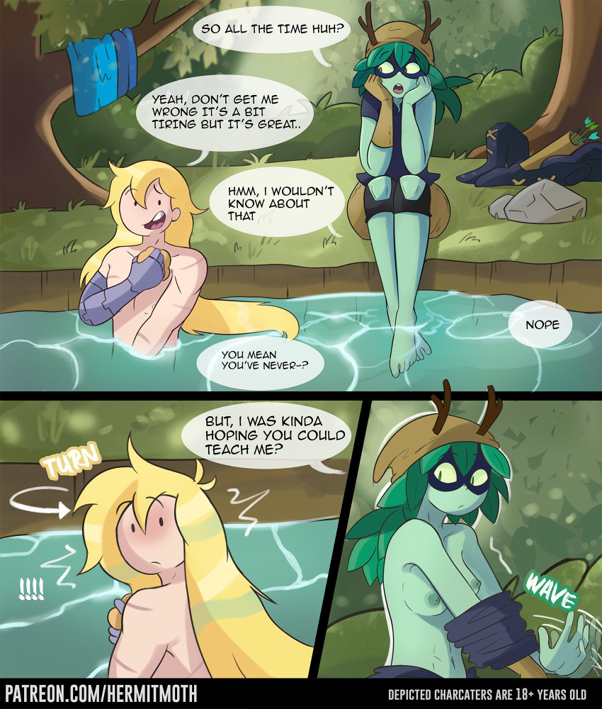 1boy 1girls a_tomboys_request adventure_time antlers barefoot blonde_hair cartoon_network casual clothed clothing comic dialogue english_text feet female finn_the_human green-skinned_female green_skin hermitmoth human huntress_wizard male removing_clothing removing_shirt sex speech_bubble straight toes topless