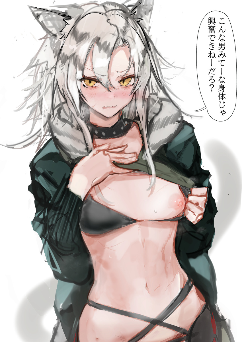 1girls animal_ears arknights belly black_bra blush bra bra_pull breast_outside choker clothes_lift coat embarrassed english_translation exposed_breasts eye_contact female female_only highres indra_(arknights) japanese_text long_hair looking_at_viewer navel neko_no_youchuu nervous one_breast_out open_clothes pov presenting presenting_breasts shy solo speech_bubble stomach straps text translated white_background white_hair yellow_eyes