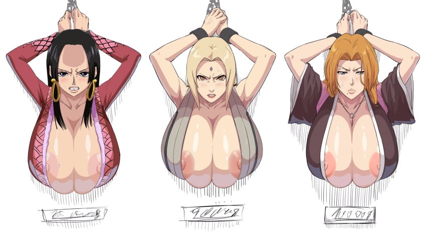 3girls angry big_areola big_breasts big_cleavage big_nipples black_hair bleach blonde_hair boa_hancock breasts_bigger_than_head brown_nipples chained chained_cuffs chained_to_wall chained_together chained_up chained_wrists cleavage crossover dark_nipples edit erect_nipples female female_only giant_breasts hanging_breasts huge_areolae huge_breasts huge_cleavage huge_nipples iwao178 looking_at_viewer matsumoto_rangiku multiple_girls naruto naruto_(classic) naruto_(series) naruto_shippuden nipple_slip one_piece pink_nipples rape red_hair sex_slave tsunade uncensored wardrobe_malfunction