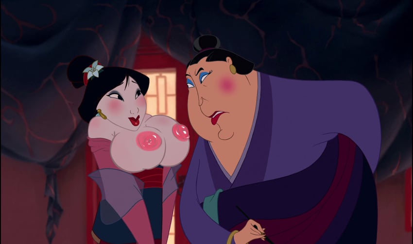 accurate_art_style asian_clothing black_hair blush disney disney_princess earring earrings edit eyeshadow fa_mulan huge_breasts large_breasts lipstick mulan nipples pinkelephantfetish screenshot_edit