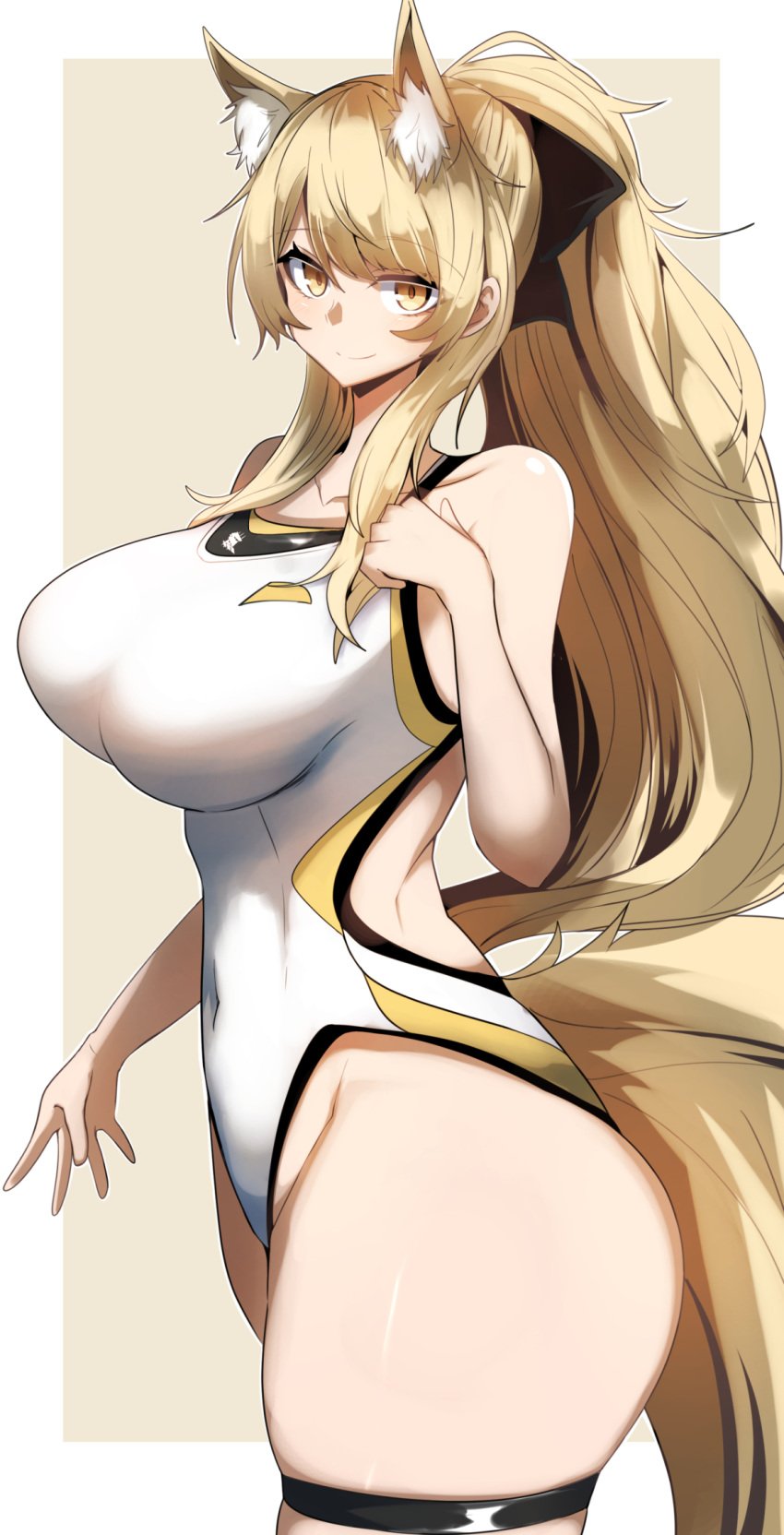 1girls absurd_res animal_ears arknights ass blemishine_(arknights) blonde_hair breasts female female_only gin_moku hi_res large_breasts looking_at_viewer one-piece_swimsuit skindentation solo swimsuit thigh_strap thighs yellow_eyes