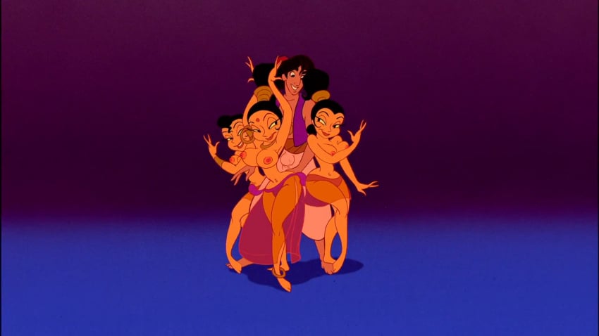 1boy 3girls aladdin aladdin_(character) belly_dancer black_hair disney edit hoop_earrings large_breasts nipples pinkelephantfetish screenshot_edit