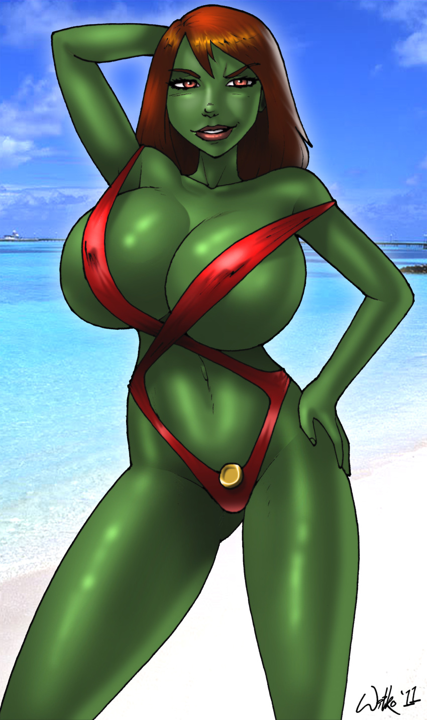 1girls 2011 2d alien alien_girl alien_look_like_human artist_name beach bedroom_eyes big_breasts breasts curvy curvy_body curvy_female curvy_figure dc dc_comics detailed_background digital_media_(artwork) eyelashes female_focus female_only green-skinned_female green_body green_skin hand_behind_head hand_on_hip hi_res lips long_hair looking_at_viewer miss_martian monokini navel nipple_outline outside red_eyes red_hair sea seaside seductive signature sling_bikini smile voluptuous wilko