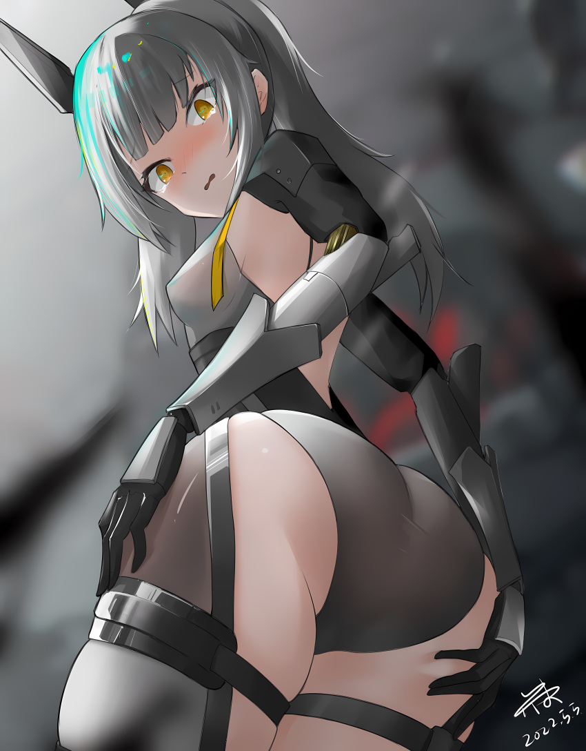 1girls anonymous_artist ass bangs blush female fully_clothed gray_hair headgear karenina_(punishing:_gray_raven) long_hair pale_skin punishing:_gray_raven robot_girl yellow_eyes