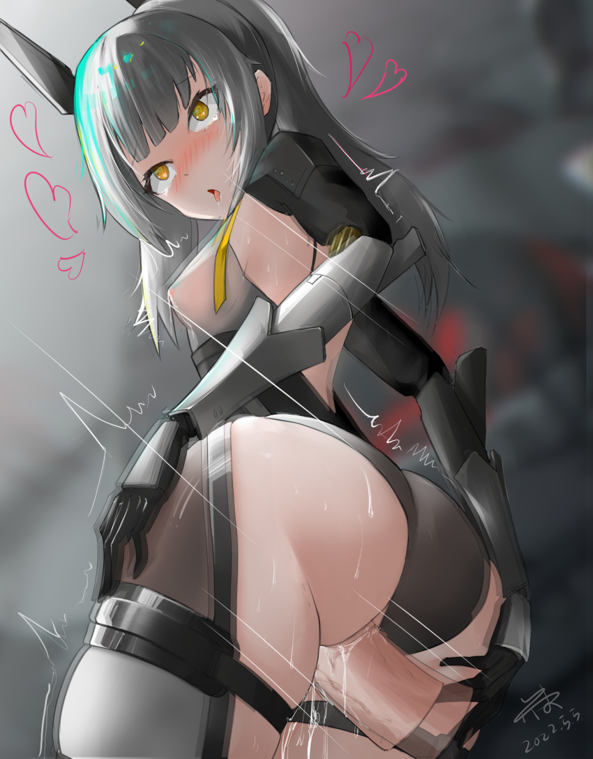 1boy 1girls ahe_gao anonymous_artist ass bangs blush dripping female fully_clothed gray_hair headgear karenina_(punishing:_gray_raven) long_hair male motion_lines open_mouth pale_skin penis punishing:_gray_raven pussy robot_girl sex wet wet_pussy yellow_eyes