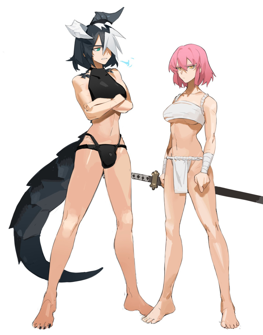 2futas alchemy_stars arms_crossed black_hair breasts bulge clothed clothing dragon_girl duo flaccid fundoshi futa_only futanari green_eyes hiiro_(alchemy_stars) horns human humanoid katana light-skinned_futanari light_skin mostly_nude muscle_shirt penis pink_hair samurai sharona_(alchemy_stars) short_hair standing sword tail telson thong two_tone_hair underboob white_hair yellow_eyes