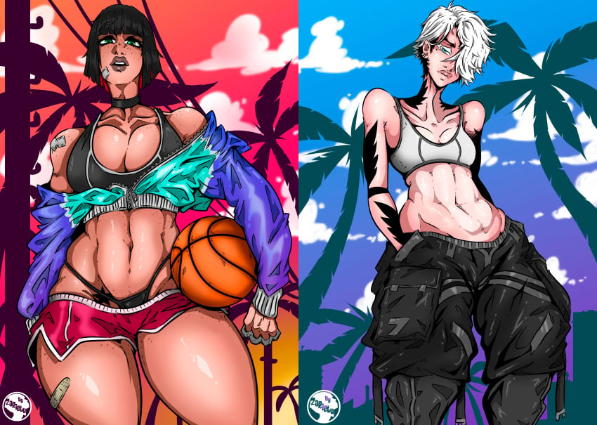 2girls alevia_falconetti_(zarietu) bandaid basketball belly belly_button big_breasts black_hair blue_background blue_eyes brass_knuckles choker cleavage clothed clothing eyebrows_visible_through_hair female female_focus female_only full_color green_eyes looking_at_viewer lucy_de_rosa_(zarietu) mini_short navel navel_piercing oc open_jacket original original_character original_characters pants patch red_background red_hair sfw shorts shortshorts small_breasts sports_bra sportswear tall_female taller_female taller_girl tattoo tattoo_on_neck tattooed_arm tattoos thick_thighs thighs white_hair zarietu