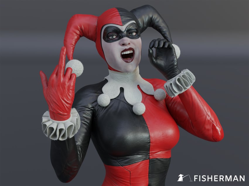 1girls 3d batman:_arkham_knight batman_(series) blender blue_eyes bodysuit breasts clothed_female dc dc_comics domino_mask fellatio_gesture female female_only fisherman fully_clothed gesture gloves harley_quinn harley_quinn_(classic) harley_quinn_(injustice) injustice_2 jester_cap jester_costume light-skinned_female light_skin lipstick makeup mask masked masked_female middle_finger open_mouth solo upper_body watermark white_skin