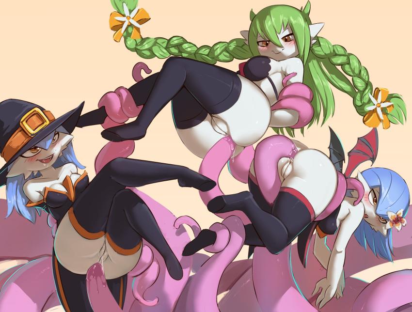 3girls ahe_gao anal arms_behind_back ass bare_shoulders bikini_top black_dress black_legwear blue_hair blush bottomless bound_arms braid breasts consensual_tentacles dress flower gardevoir gekasso green_hair hair_between_eyes hair_flower happy_sex highres large_breasts long_hair multiple_girls nintendo open_mouth pokemon pussy pussy_juice restrained shiny_gardevoir short_hair simple_background smile tentacle thighhighs twin_braids very_long_hair violet_(polyvoir) white_skin wings witch witch_hat yellow_background yellow_eyes