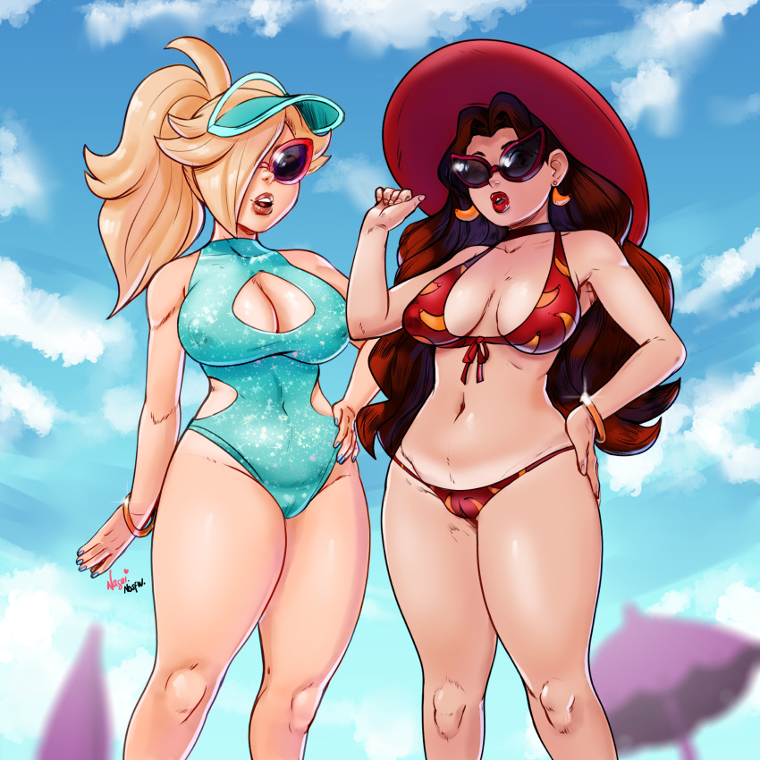 2girls big_breasts bikini blonde_hair breasts brown_hair female female_only hat long_hair mario_(series) nagainosfw nintendo pauline ponytail princess_rosalina standing sunglasses swimsuit thick_thighs thighs tinted_eyewear