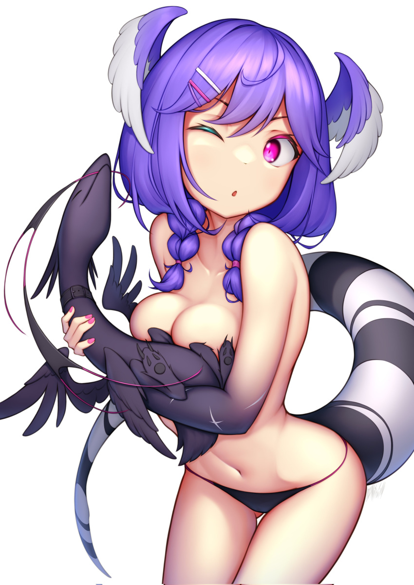 big_breasts covering_breasts dragon dragon_girl dragon_tail nijisanji nijisanji_en nitrus14 panties purple_hair selen_tatsuki topless topless_female virtual_youtuber white_background