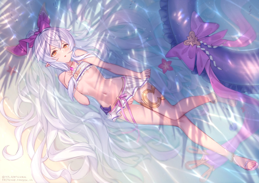 alternate_costume beach bikini bikini_lift choker clothes_lift female flat_chest flower full_body granblue_fantasy hair_flower hair_ornament long_hair looking_at_viewer lying medusa_(shingeki_no_bahamut) miniskirt navel nipples official_alternate_costume on_back open_mouth pleated_skirt pointy_ears pussy sandals skirt solo swimsuit uncensored upskirt very_long_hair water white_bikini white_hair white_skirt yellow_eyes yellowpaint.