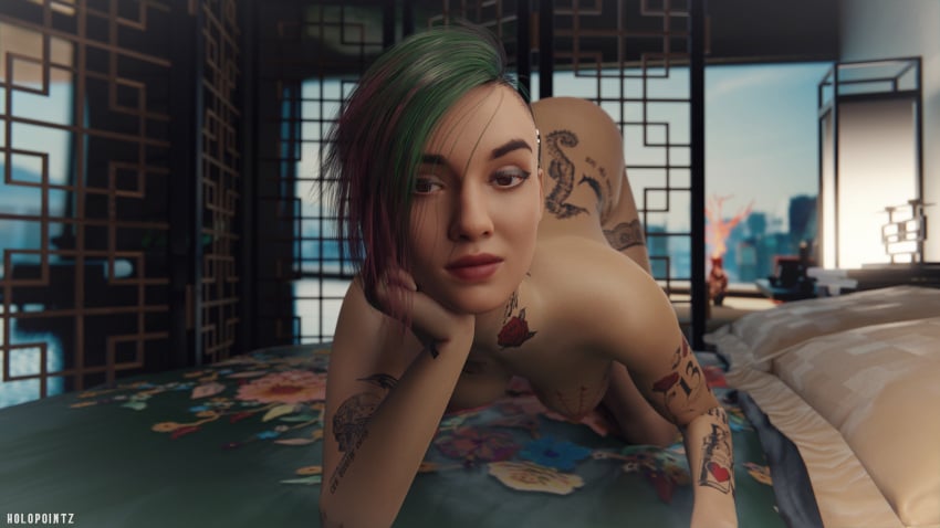 3d 4k breasts brown_eyes cyberpunk_2077 green_hair holopointz judy_alvarez laying_on_stomach light-skinned_female petite petite_body purple_hair solo solo_female solo_focus tattoo tattooed_arm tattoos