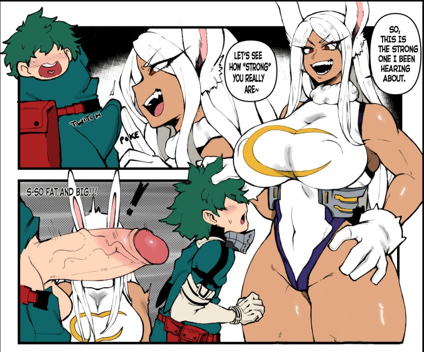 1boy 1girls alternate_height balls big_breasts big_penis breasts bulge bunny_ears cock_shock colored dark-skinned_female dark_skin edit english_text erection fangs female gonzalo_costa huge_breasts interracial izuku_midoriya larger_female light-skinned_male long_hair male miruko muscular_female my_hero_academia penis penis_awe rabbit_humanoid red_eyes rumi_usagiyama size_difference small_but_hung smaller_male smiling taigerarts testicles text veiny_penis white_hair