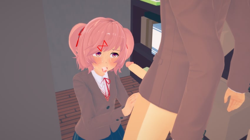 1boy 1girls 3d closet cum cum_in_mouth doki_doki_literature_club ecxreaper erection female human koikatsu male natsuki_(doki_doki_literature_club) open_mouth penis