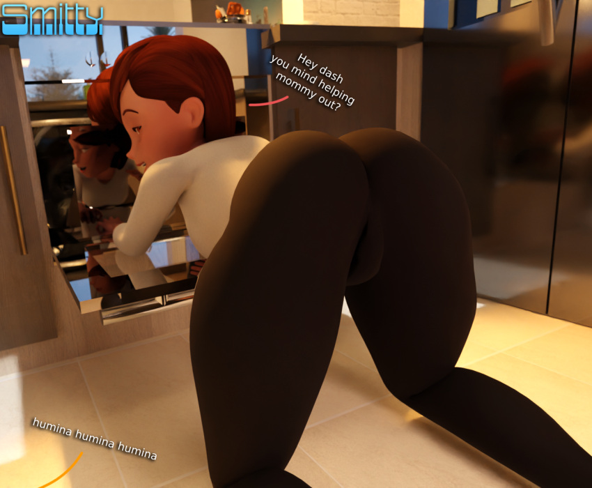 3d 3d_(artwork) ass bent_over big_ass big_butt black_legwear blender_(software) bubble_butt dash_parr disney helen_parr large_ass looking_back milf name_drop pixar pussy_bulge smitty34 smooth_skin tagme text the_incredibles