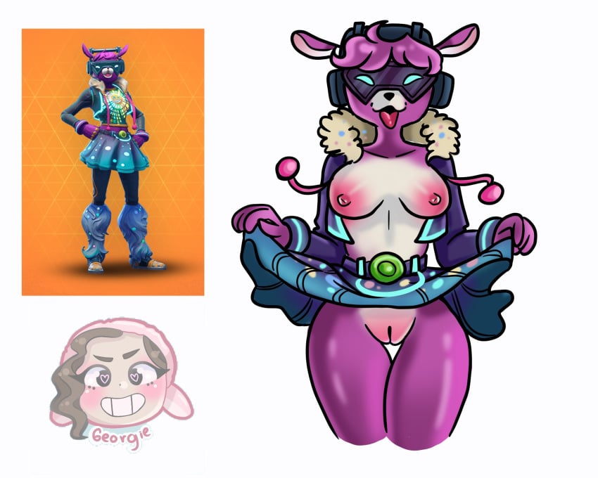 5_fingers alpaca anthro areola bangs belt blue_bottomwear blue_clothing blue_eyes blue_skirt bottomwear bracelet breasts camelid clothed clothing clothing_lift dj_bop ears_up epic_games eyewear female fingers fortnite fur fur_jacket genitals georgie_art glowing glowing_clothing hair headphones hi_res humanoid jacket jewelry mammal open_clothing open_shirt open_topwear pink_areola pink_body pink_fur pink_hair pink_pussy presenting presenting_pussy purple_clothing purple_jacket purple_topwear pussy shirt skirt skirt_lift solo tongue tongue_out topwear video_games white_chest wide_hips