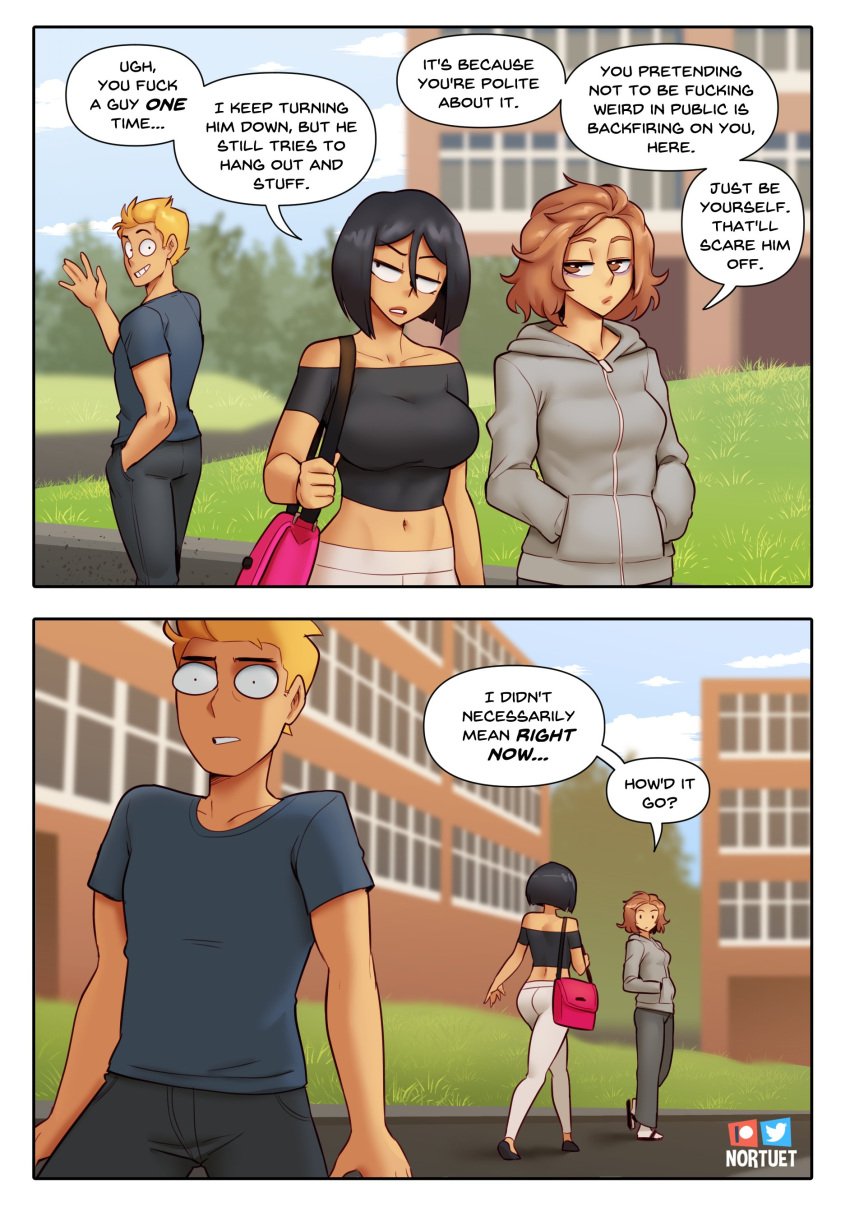 1boy 2girls ass big_breasts black_hair blonde_hair breasts brown_eyes brown_hair cleavage clothed clothing comic detailed_background english_text grey_eyes hi_res highres medium_hair navel nortuet nortuet_universe original penelope_(nortuet) public revealing_clothes sarah_(nortuet) short_hair text watermark